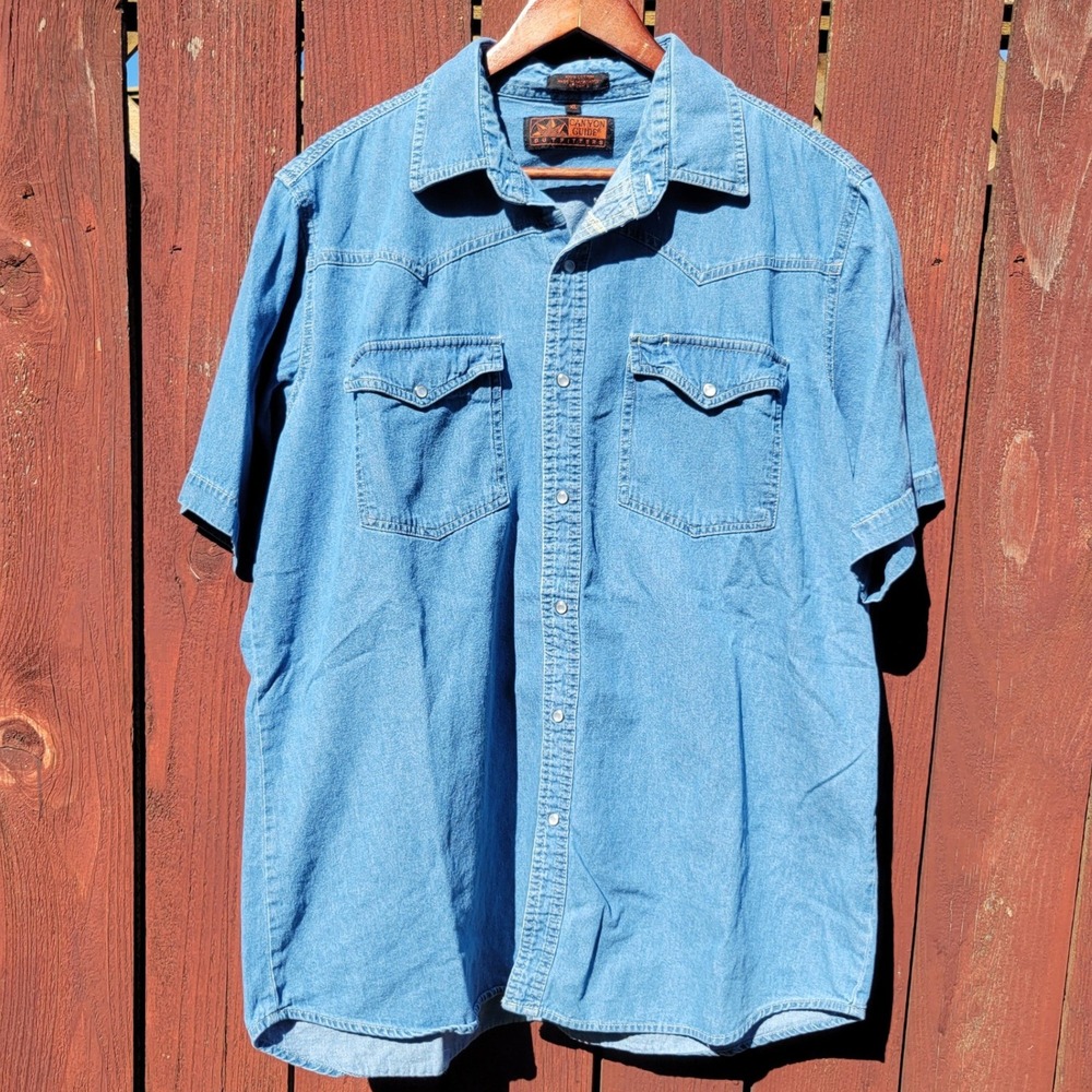 Canyon Guide Outfitters XL Blue Denim Short Sleeve Pearl Snap Western Shirt VTG